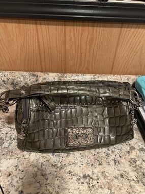 Olive Croc-Embossed Shoulder Bag with Silver Emblem